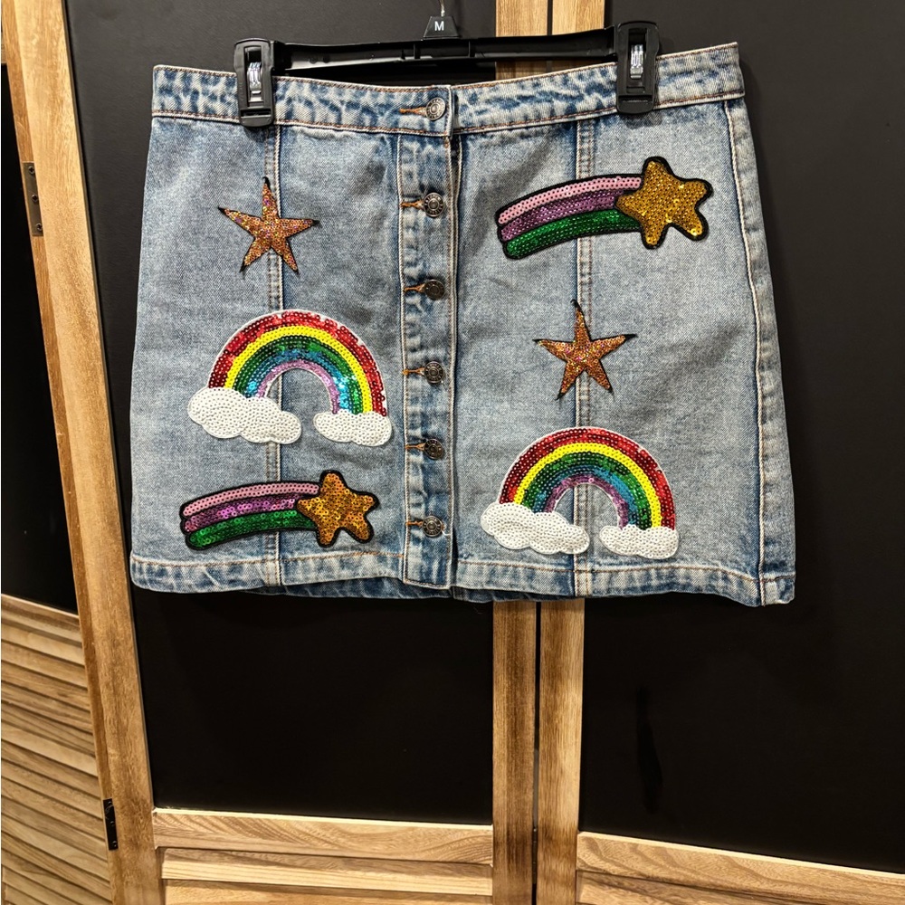 Sequin Rainbow Embellished Light Blue Denim Mini Skirt